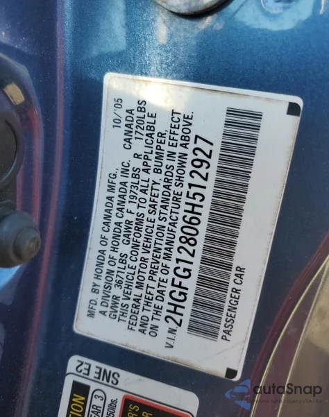 2006 Honda Civic Ex z USA, uszkodzony, nr VIN 2HGFG12806H512927